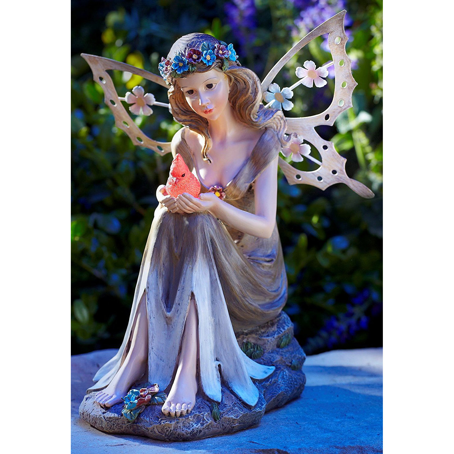 Moonrays Solar Powered Garden Fairy with Glowing Cardinal Statue